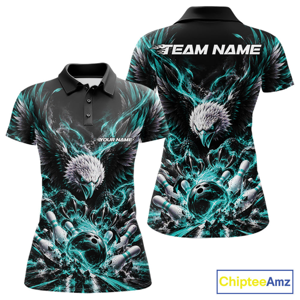 Custom Turquoise Flame Eagle Bowling Polo Shirt, Matching Bowling Team League Shirt