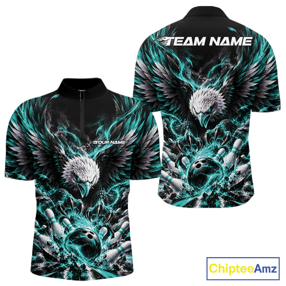 Custom Turquoise Flame Eagle Bowling Quarter Zip Shirt, Matching Bowling Team League Shirt