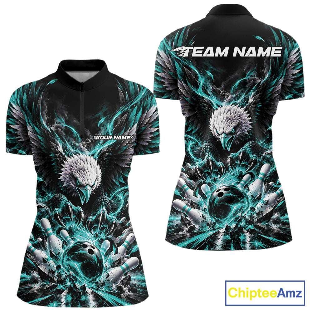 Custom Turquoise Flame Eagle Bowling Quarter-Zip Shirt, Bowling Team League Shirt