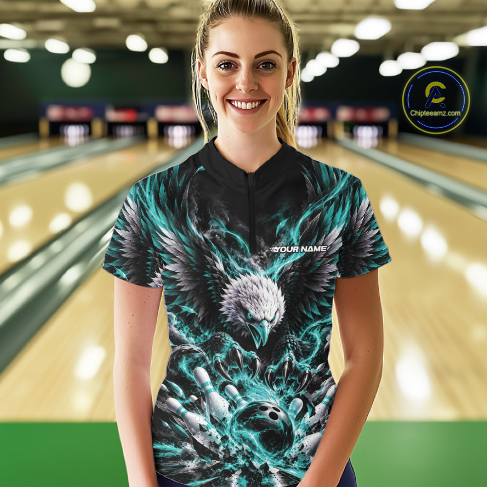 Custom Turquoise Flame Eagle Bowling Quarter-Zip Shirt, Bowling Team League Shirt