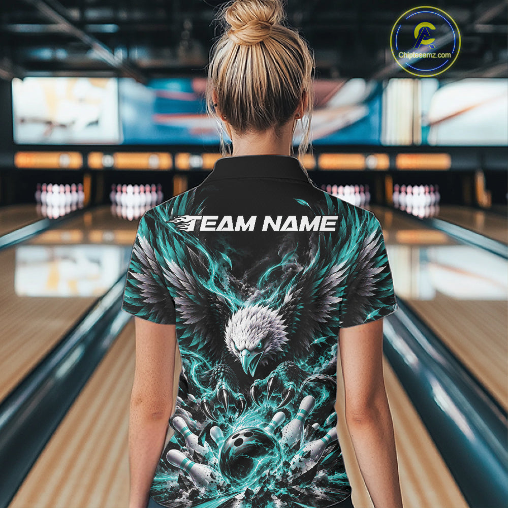 Custom Turquoise Flame Eagle Bowling Quarter-Zip Shirt, Bowling Team League Shirt