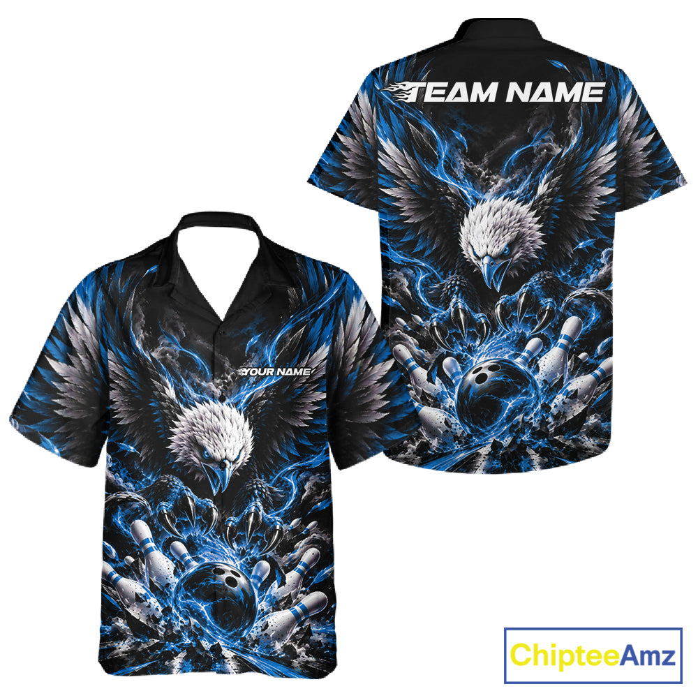 Custom Ocean Blue Flame Eagle Bowling And Button Up Shirt, Matching Bowling Team League Shirt