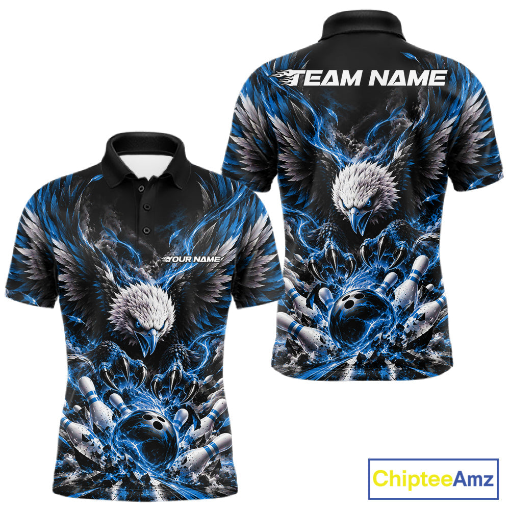 Custom Ocean Blue Flame Eagle Bowling Polo Shirt, Matching Bowling Team League Shirt