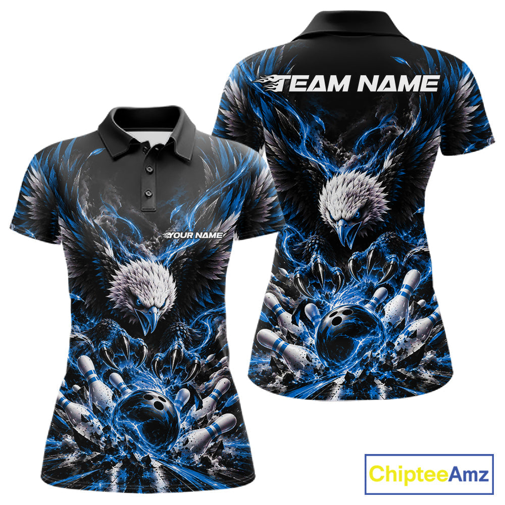 Custom Ocean Blue Flame Eagle Bowling Polo Shirt, Matching Bowling Team League Shirt