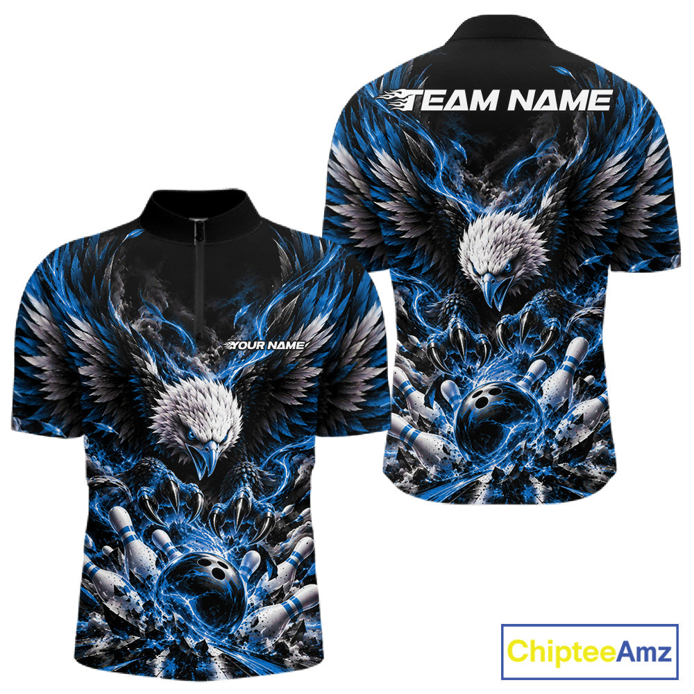 Custom Ocean Blue Flame Eagle Bowling Quarter Zip Shirt, Matching Bowling Team League Shirt
