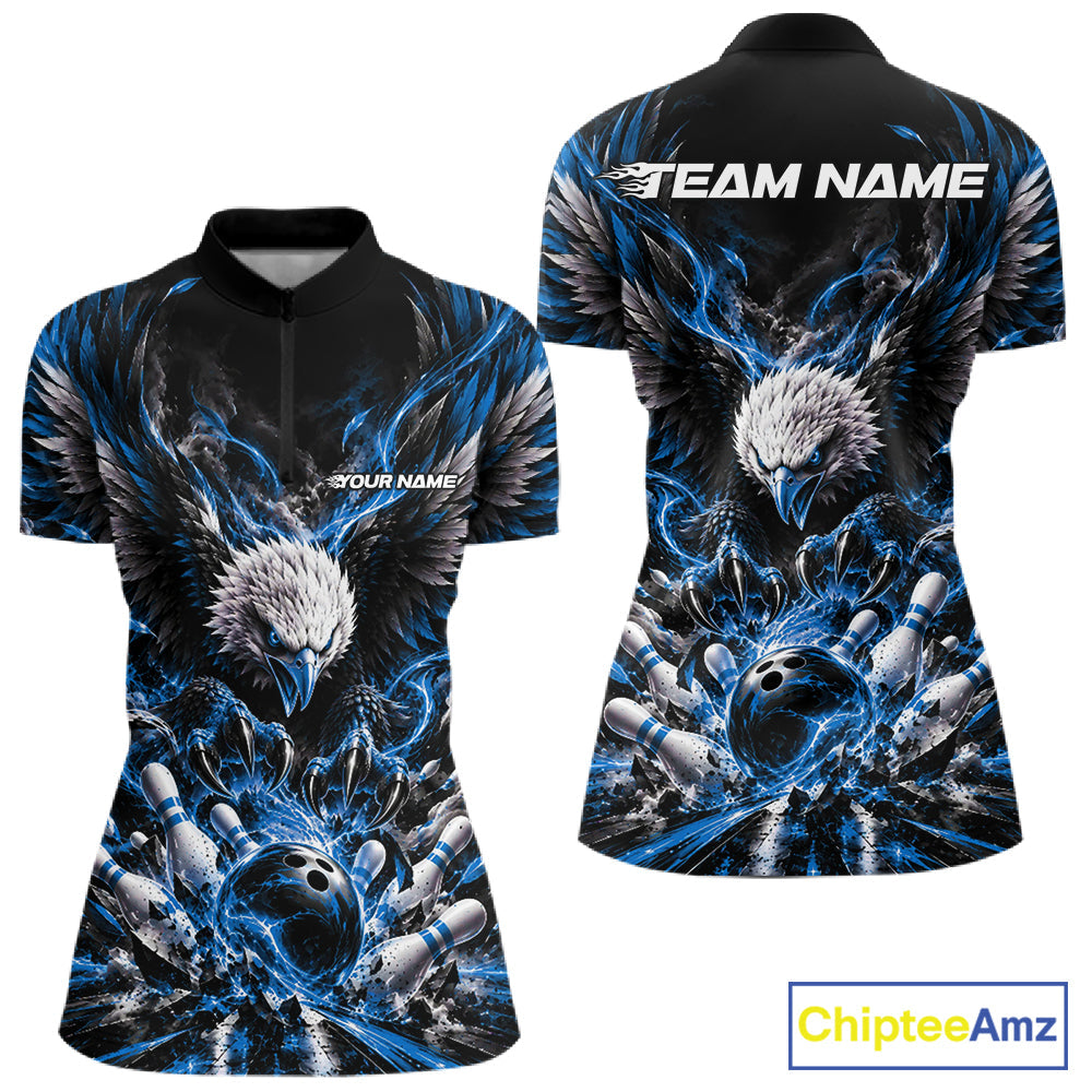 Custom Ocean Blue Flame Eagle Bowling Quarter-Zip Shirt, Bowling Team League Shirt