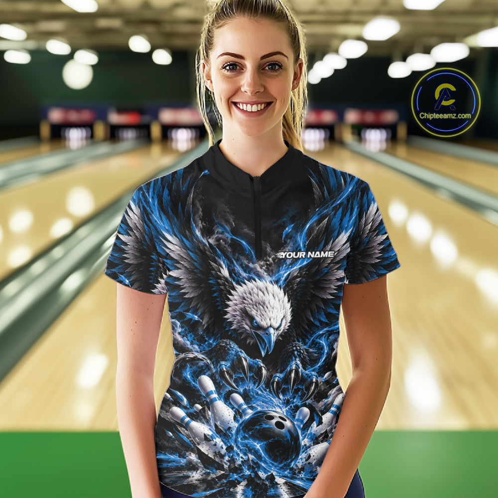 Custom Ocean Blue Flame Eagle Bowling Quarter-Zip Shirt, Bowling Team League Shirt