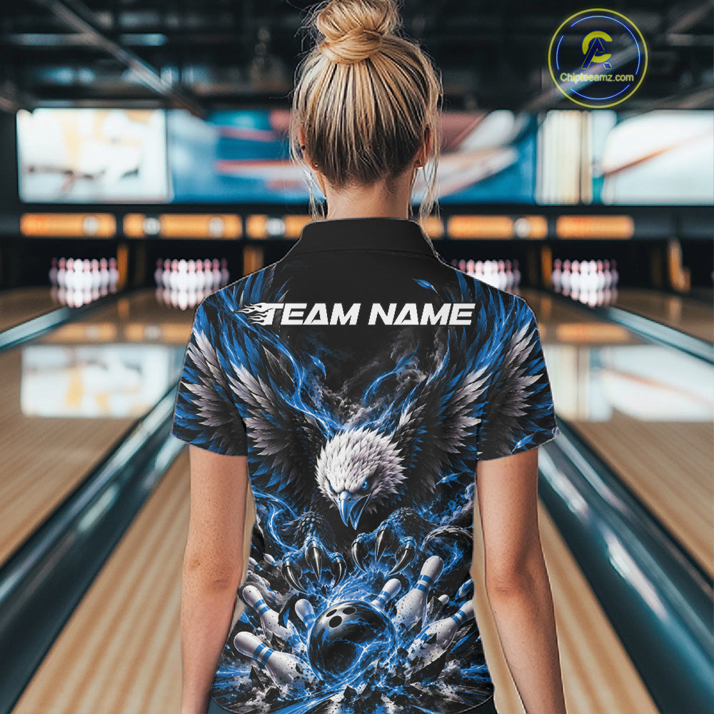 Custom Ocean Blue Flame Eagle Bowling Quarter-Zip Shirt, Bowling Team League Shirt