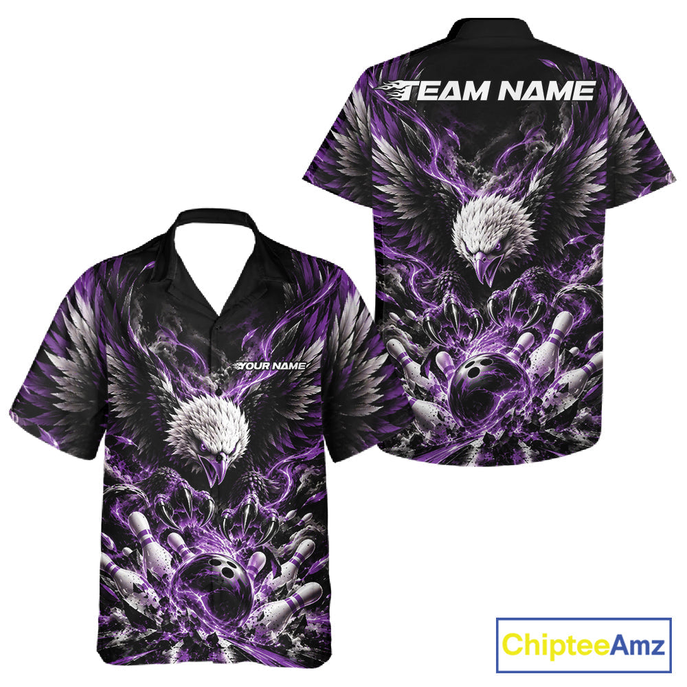 Custom Purple Flame Eagle Bowling And Button Up Shirt, Matching Bowling Team League Shirt