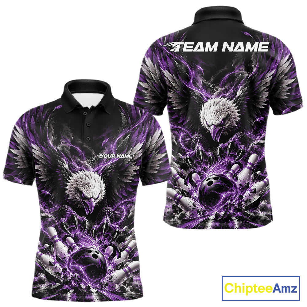 Custom Purple Flame Eagle Bowling Polo Shirt, Matching Bowling Team League Shirt