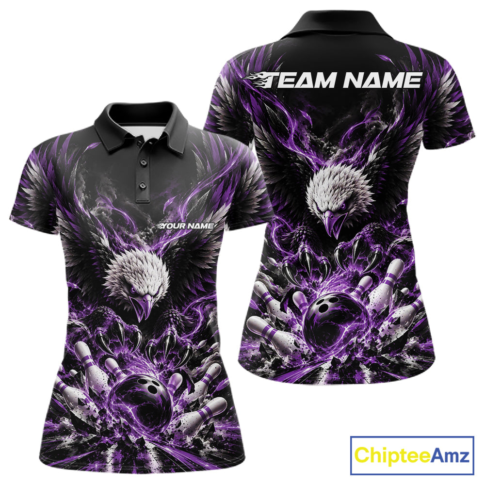 Custom Purple Flame Eagle Bowling Polo Shirt, Matching Bowling Team League Shirt