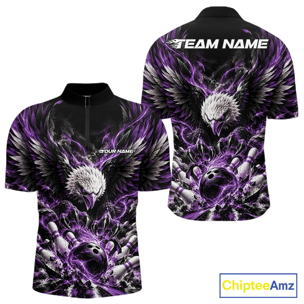 Custom Purple Flame Eagle Bowling Quarter Zip Shirt, Matching Bowling Team League Shirt