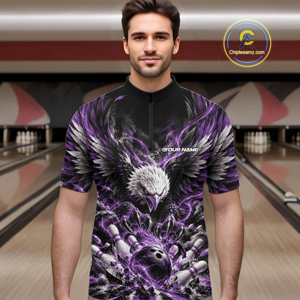 Custom Purple Flame Eagle Bowling Quarter Zip Shirt, Matching Bowling Team League Shirt