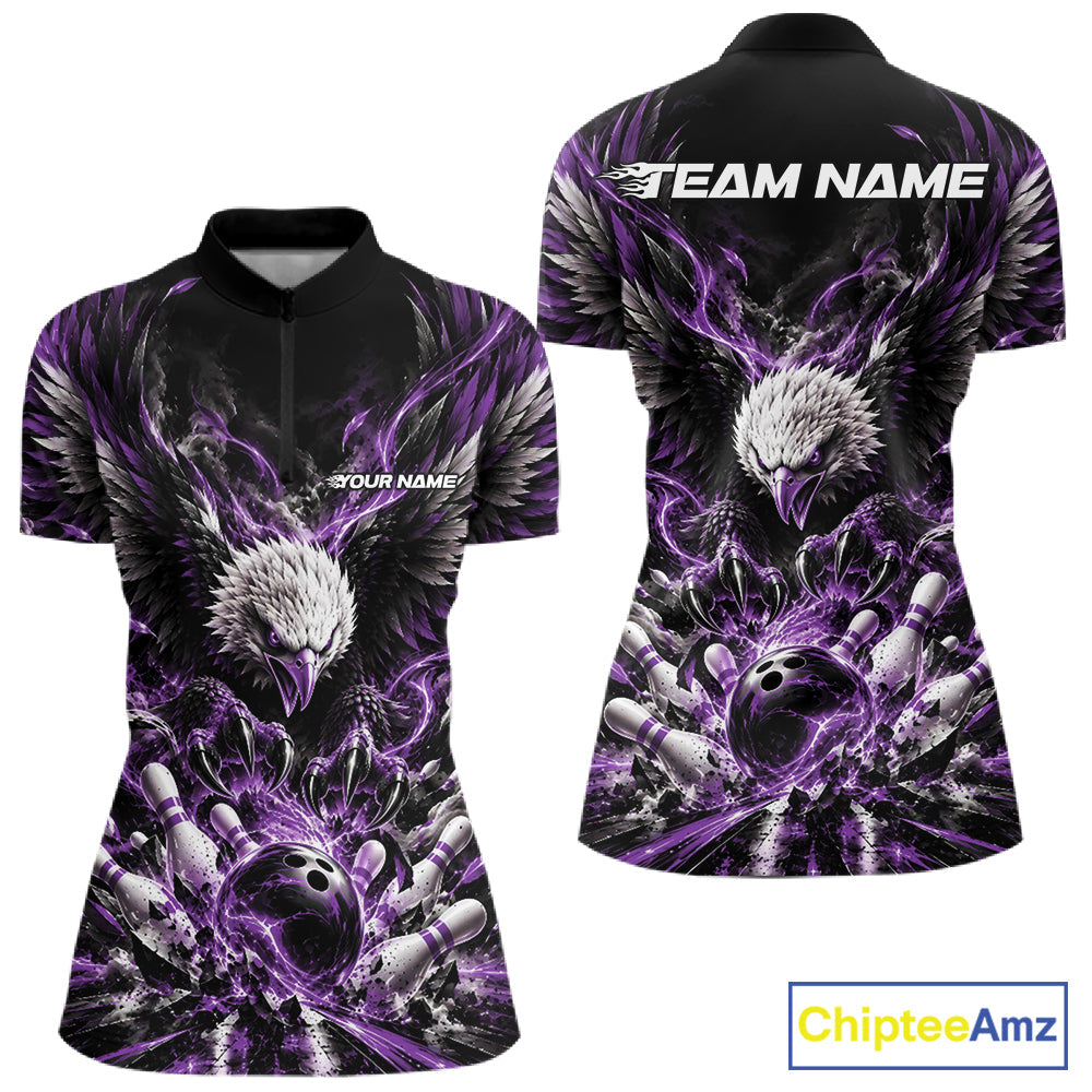 Custom Purple Flame Eagle Bowling Quarter-Zip Shirt, Bowling Team League Shirt