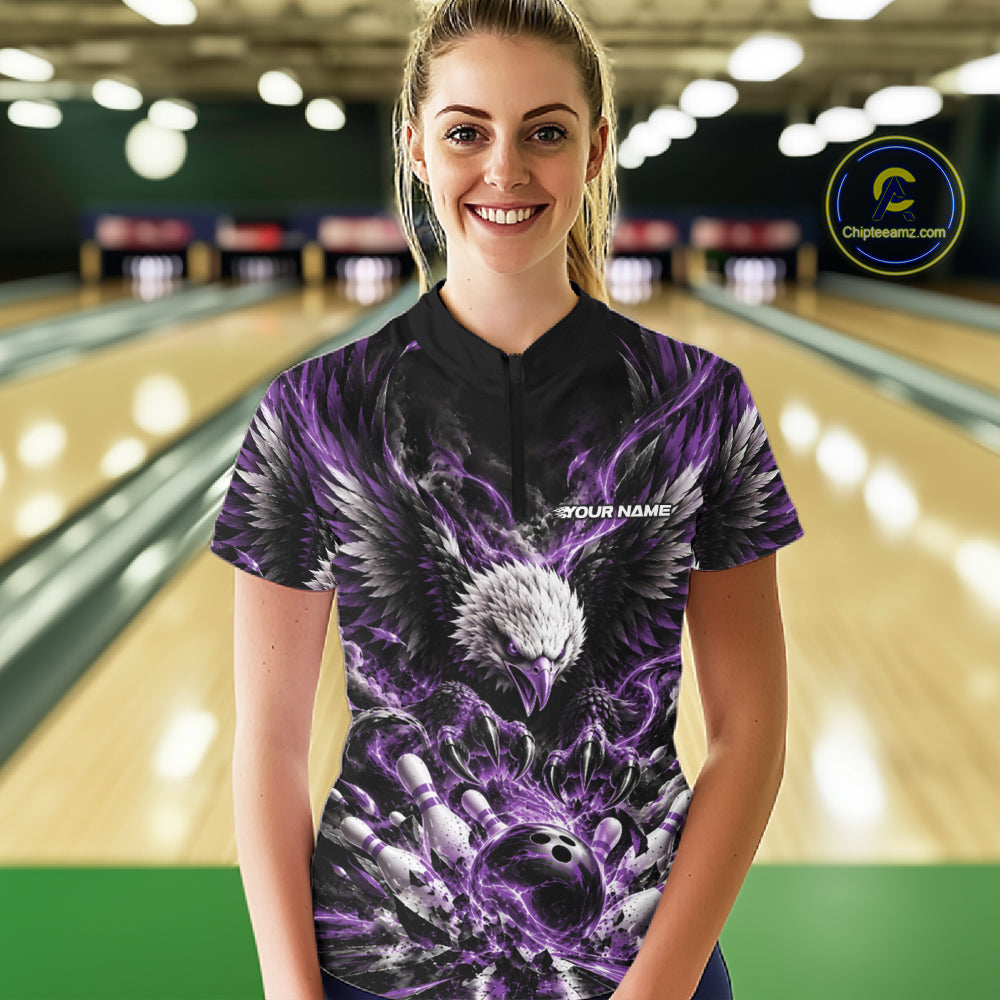 Custom Purple Flame Eagle Bowling Quarter-Zip Shirt, Bowling Team League Shirt