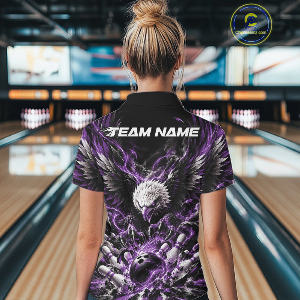 Custom Purple Flame Eagle Bowling Quarter-Zip Shirt, Bowling Team League Shirt