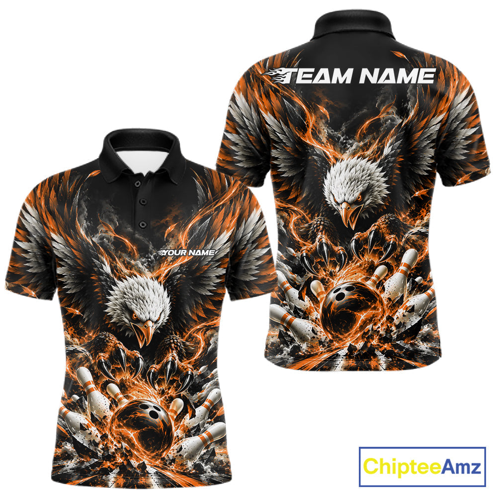 Custom Orange Flame Eagle Bowling Polo Shirt, Matching Bowling Team League Shirt