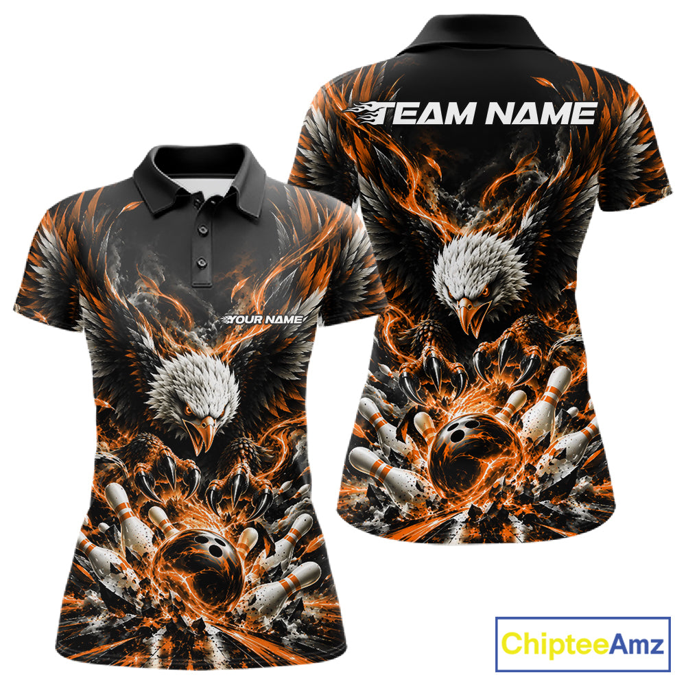 Custom Orange Flame Eagle Bowling Polo Shirt, Matching Bowling Team League Shirt