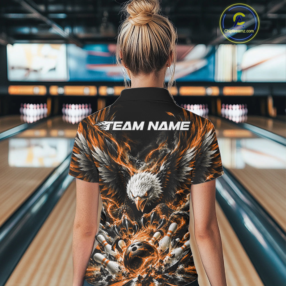 Custom Orange Flame Eagle Bowling Polo Shirt, Matching Bowling Team League Shirt