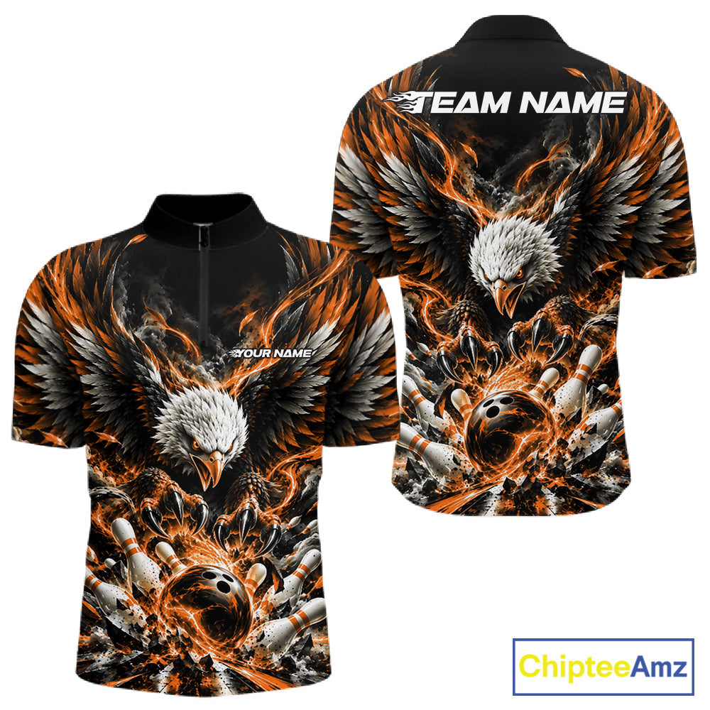 Custom Orange Flame Eagle Bowling Quarter Zip Shirt, Matching Bowling Team League Shirt
