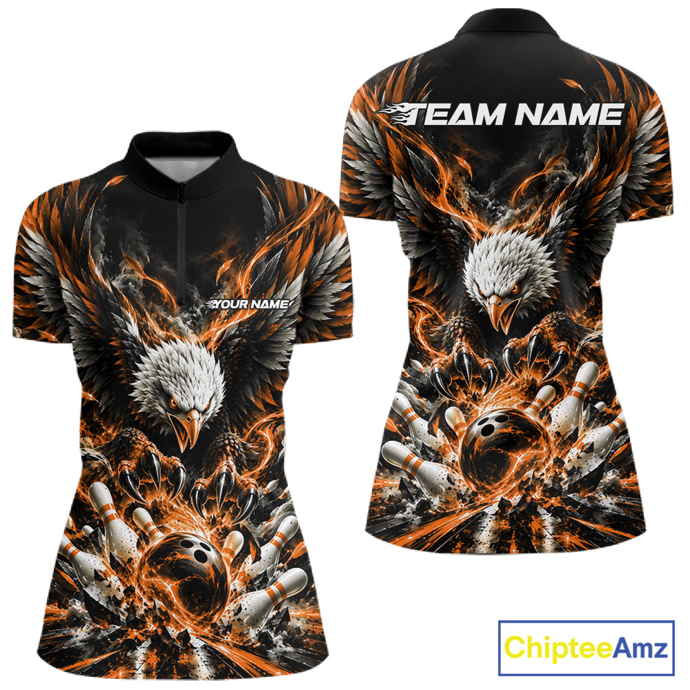 Custom Orange Flame Eagle Bowling Quarter-Zip Shirt, Bowling Team League Shirt