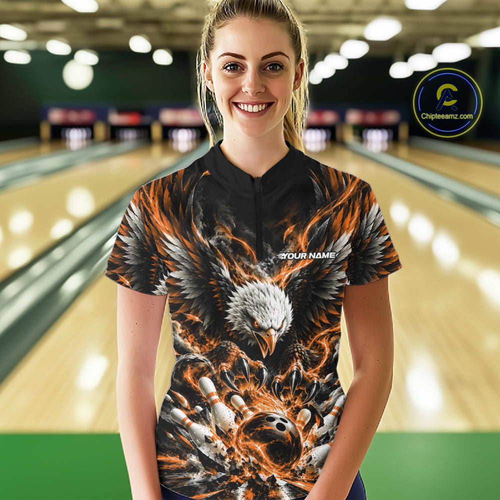 Custom Orange Flame Eagle Bowling Quarter-Zip Shirt, Bowling Team League Shirt