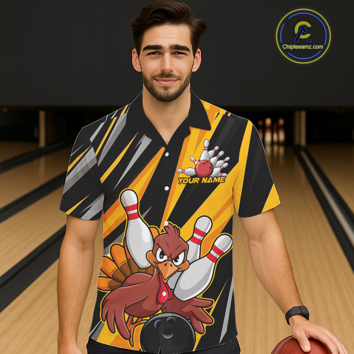 Custom Funny Turkey Bowling Shirts, Yellow Thanksgiving Bowling Shirt Team Fall Outfits