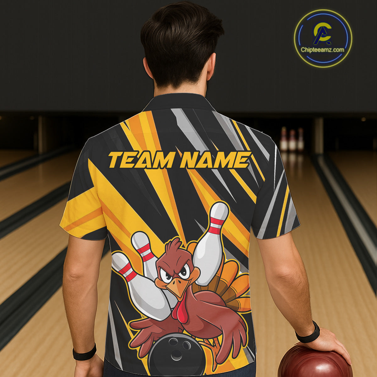 Custom Funny Turkey And Team Bowling Shirts, Yellow Thanksgiving Bowling Fall Outfits