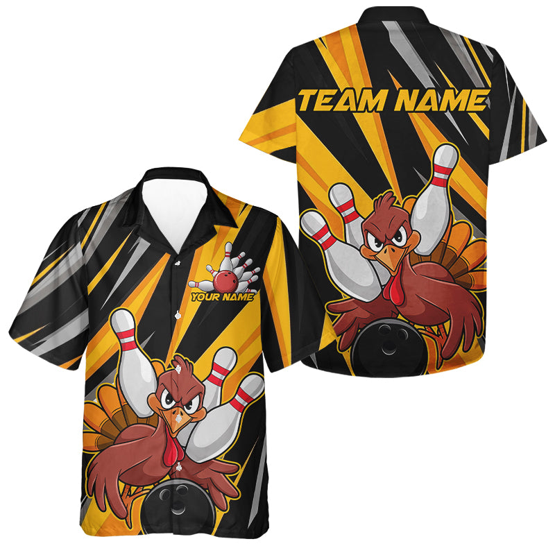 Custom Funny Turkey And Team Bowling Shirts, Yellow Thanksgiving Bowling Fall Outfits