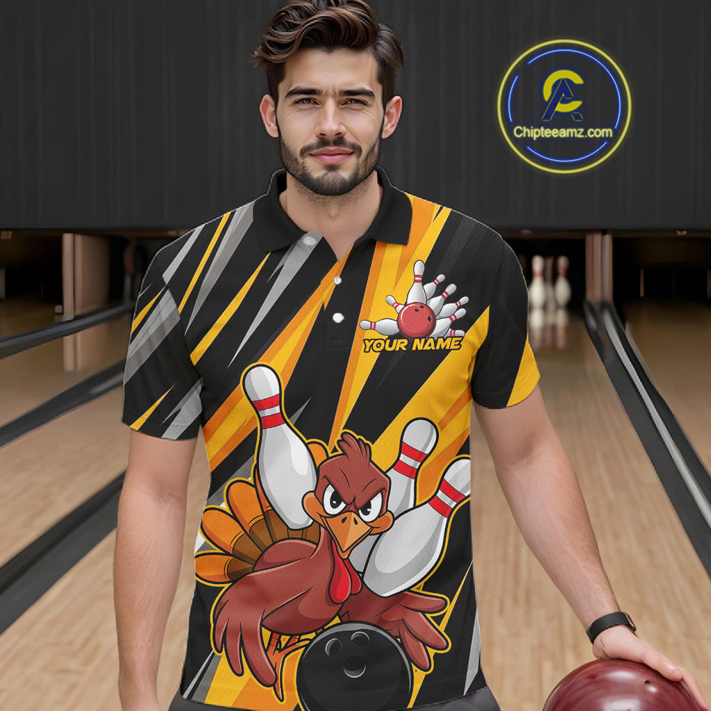 Custom Funny Turkey Bowling Shirts, Yellow Thanksgiving Bowling Shirt Team Fall Outfits