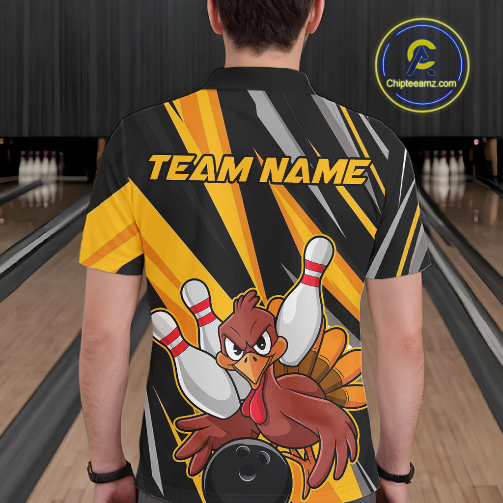 Custom Funny Turkey Bowling Shirts, Yellow Thanksgiving Bowling Shirt Team Fall Outfits