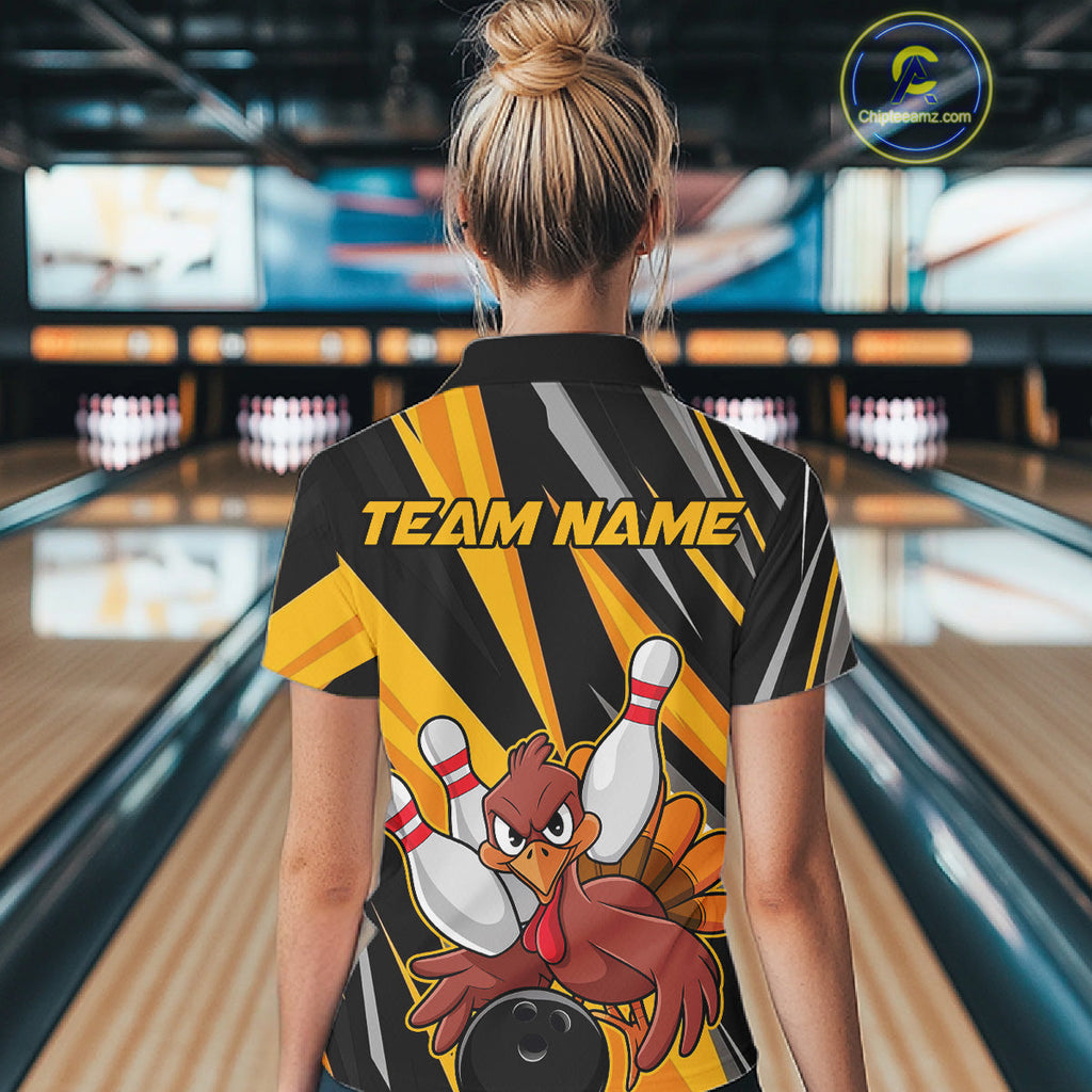 Custom Turkey Bowling Shirts, Yellow Thanksgiving Bowling Shirt Team Fall Outfits