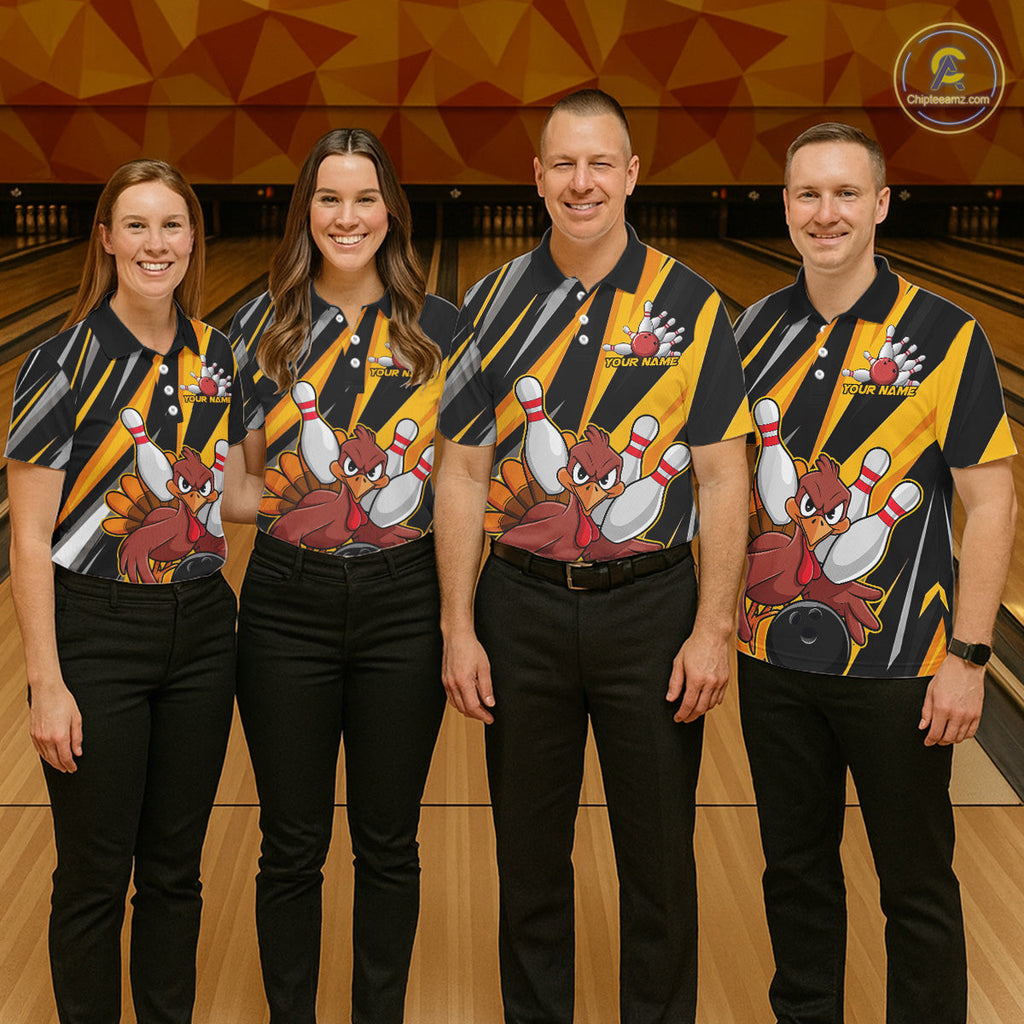 Custom Funny Turkey Bowling Shirts, Yellow Thanksgiving Bowling Shirt Team Fall Outfits