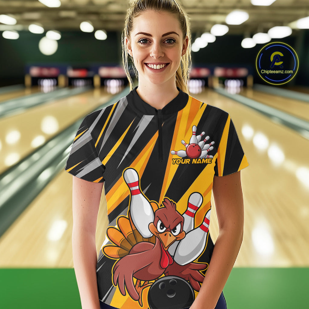 Custom Turkey Bowling Shirts, Yellow Thanksgiving Bowling Shirt Team Fall Outfits