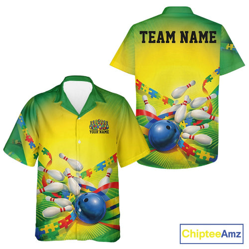 Custom Autism Awareness Bowling And Hawaiian Shirt, Puzzles Ribbon Bowler Outfits