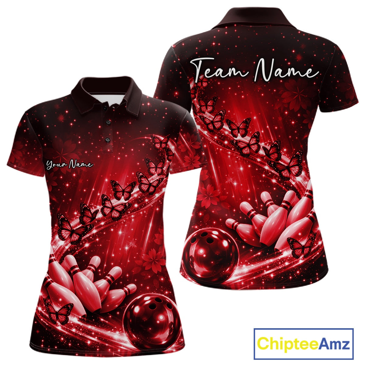 Custom Red Butterfly Bowling Polo Team Shirt, Bowling League Shirt