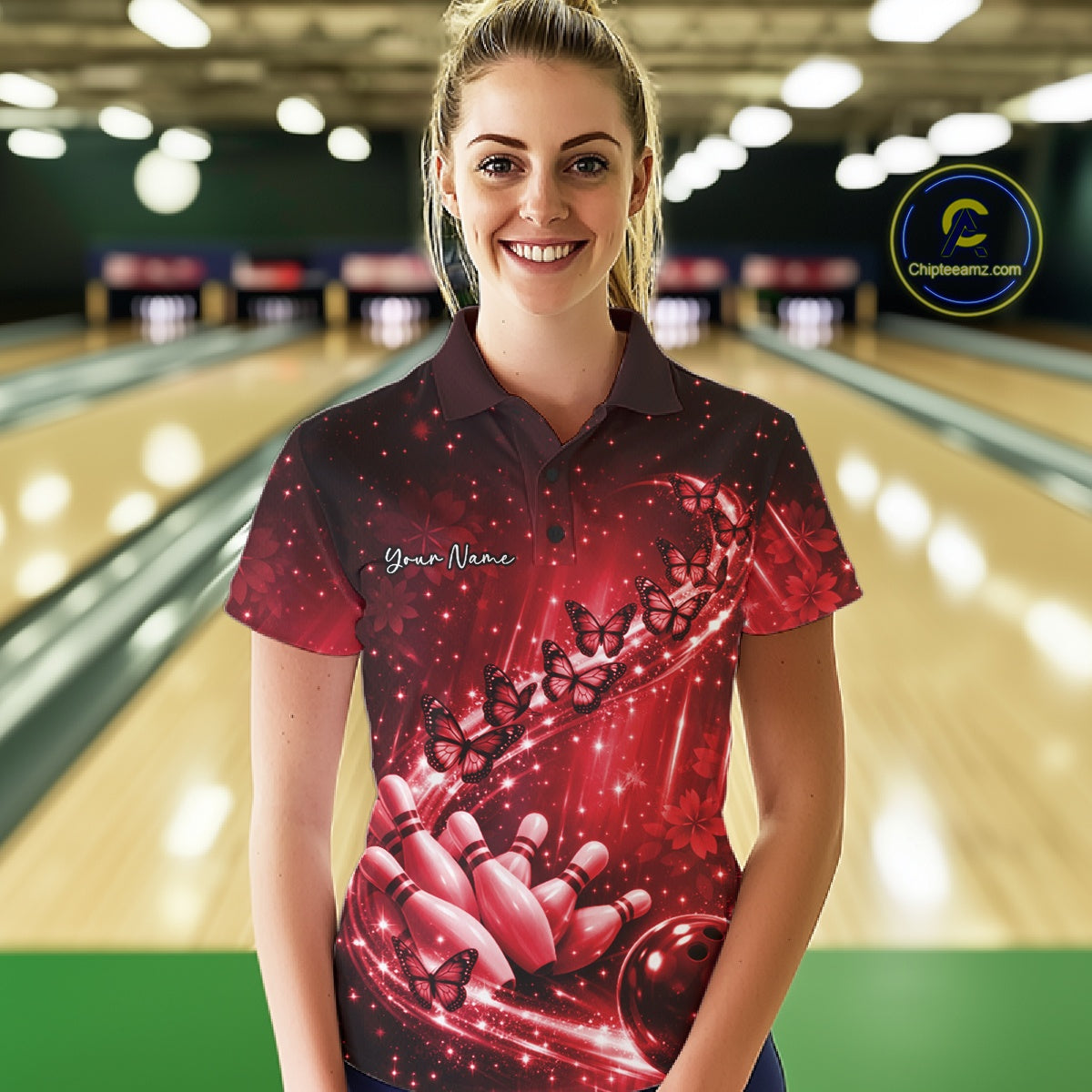 Custom Red Butterfly Bowling Polo Team Shirt, Bowling League Shirt