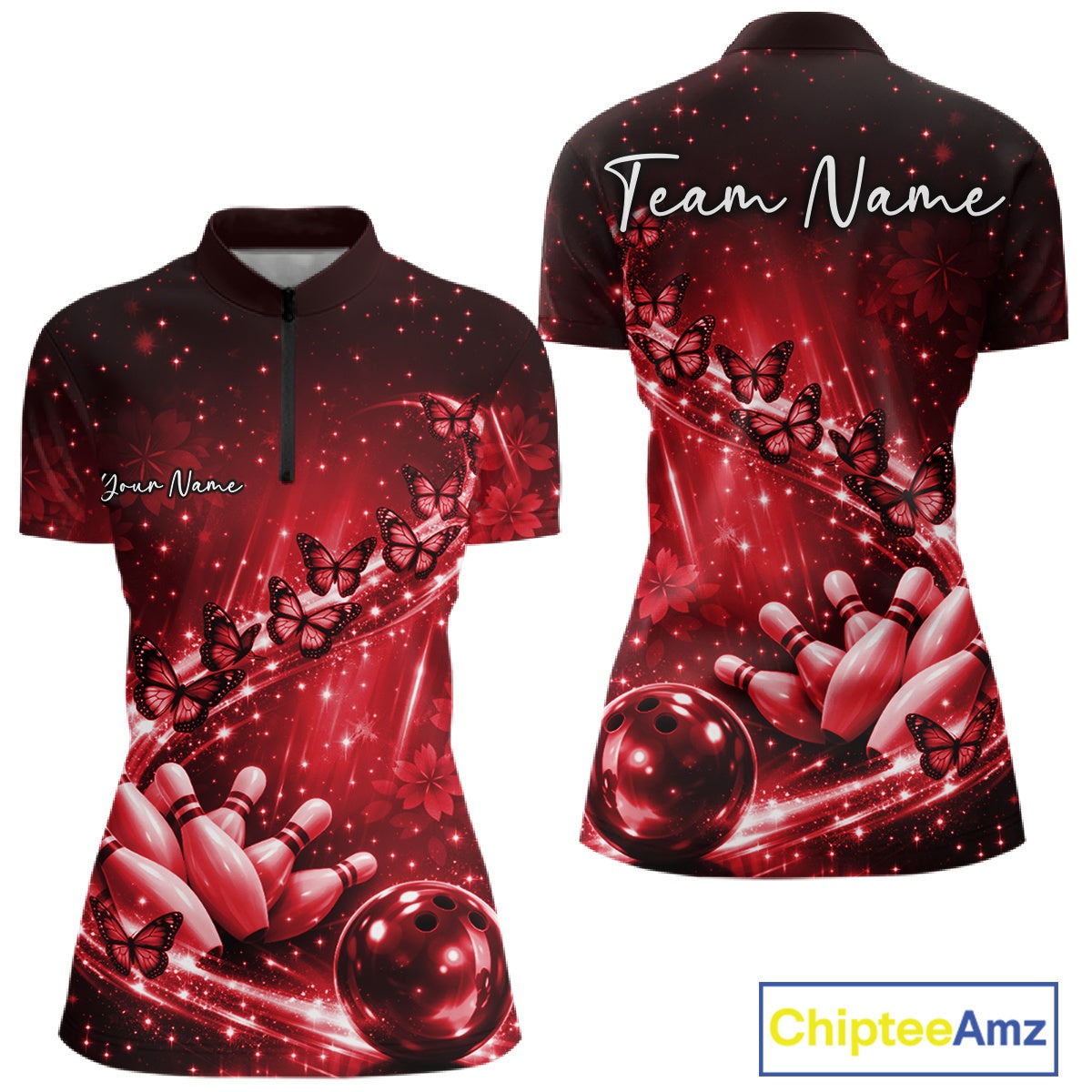 Custom Red Butterfly Bowling Quarter-Zip Team Shirt, Bowling League Shirt