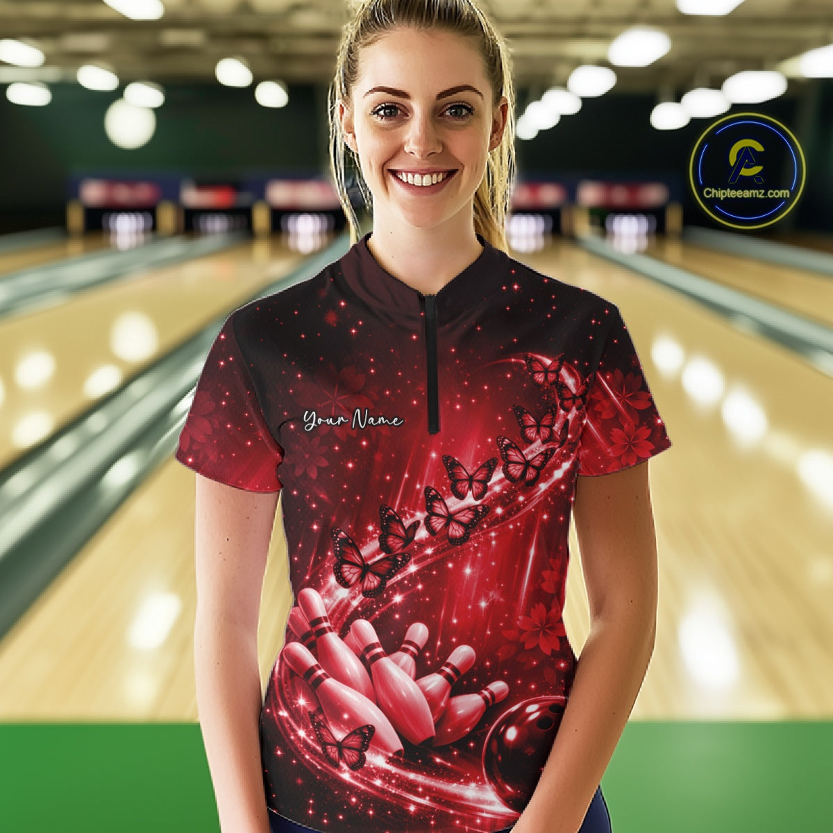 Custom Red Butterfly Bowling Quarter-Zip Team Shirt, Bowling League Shirt
