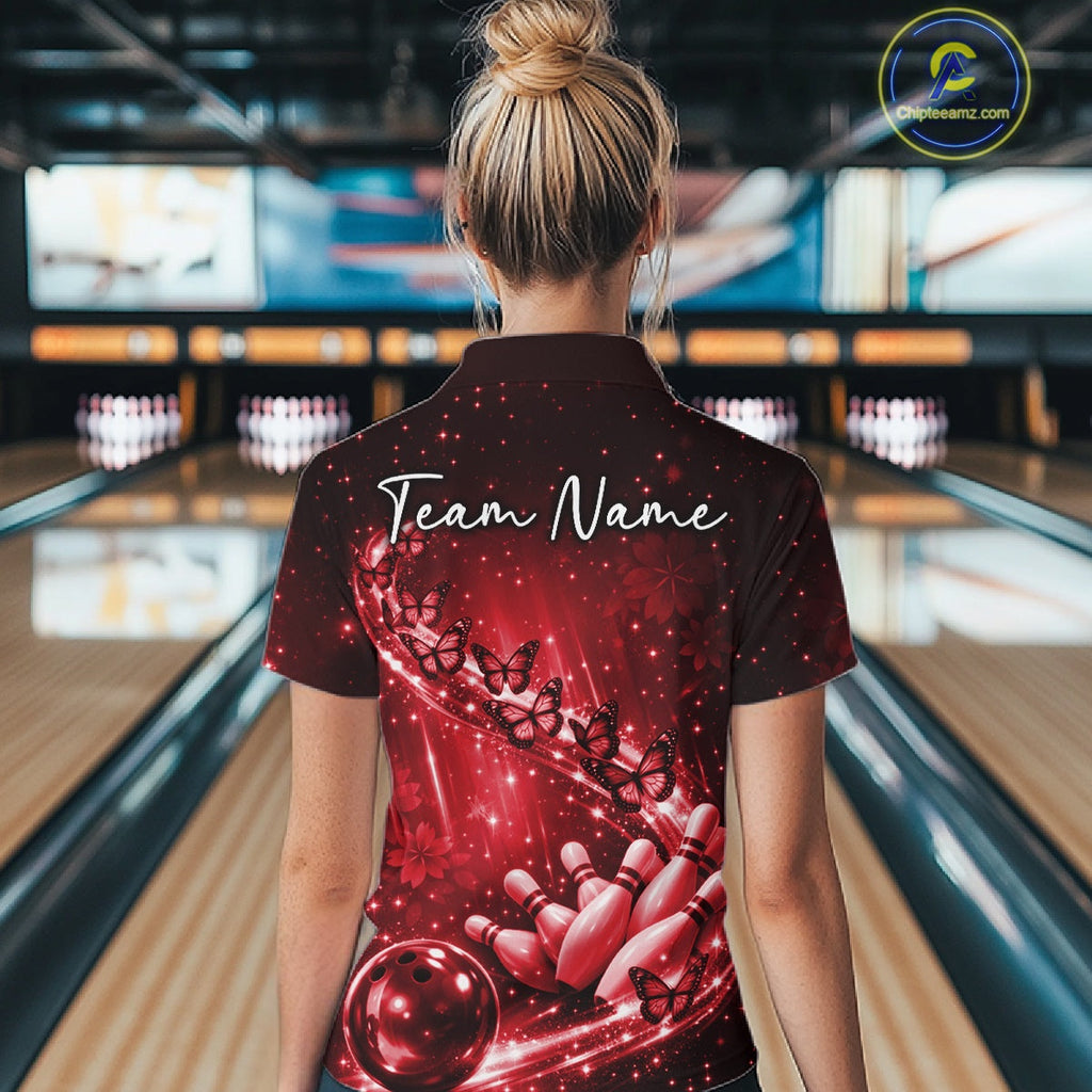 Custom Red Butterfly Bowling Quarter-Zip Team Shirt, Bowling League Shirt