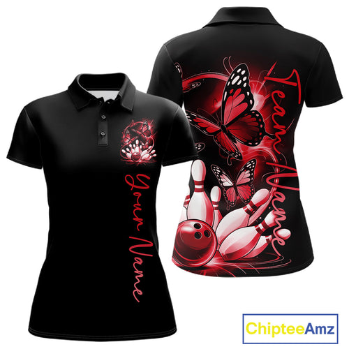 Custom Red Butterfly Bowling Polo Shirts With Team Name, Bowling Uniform