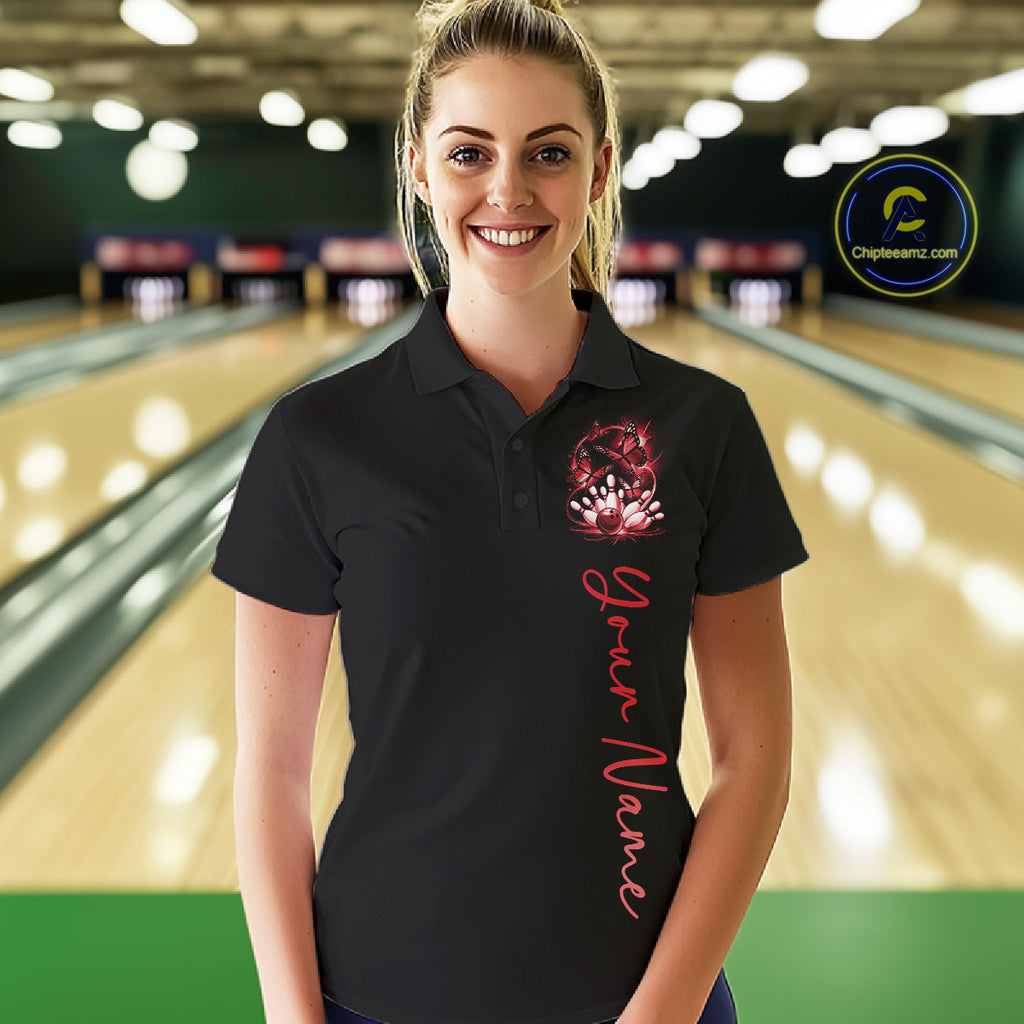 Custom Red Butterfly Bowling Polo Shirts With Team Name, Bowling Uniform
