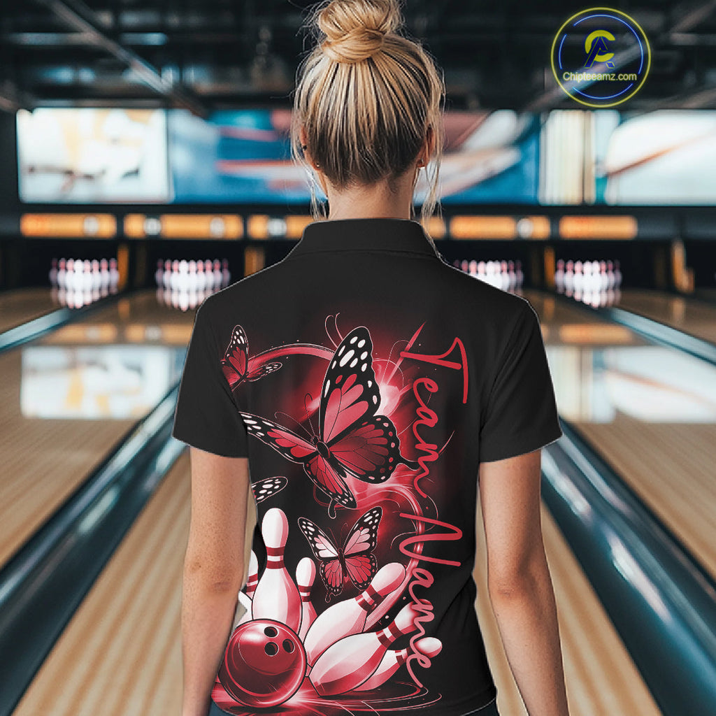 Custom Red Butterfly Bowling Polo Shirts With Team Name, Bowling Uniform