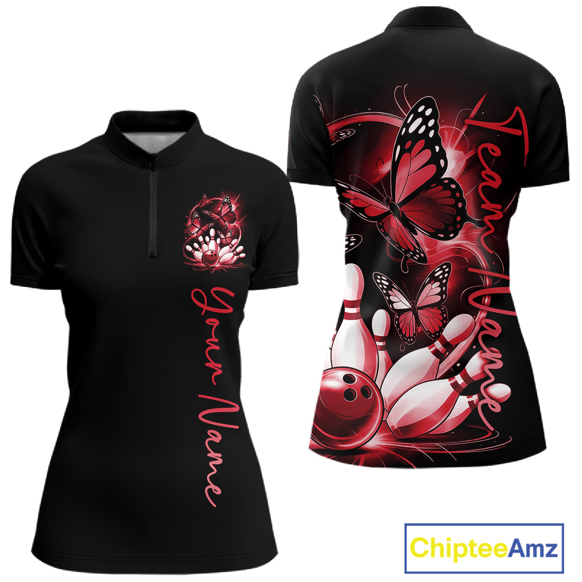 Custom Red Butterfly Bowling Quarter-Zip Shirts With Team Name, Bowling Uniform