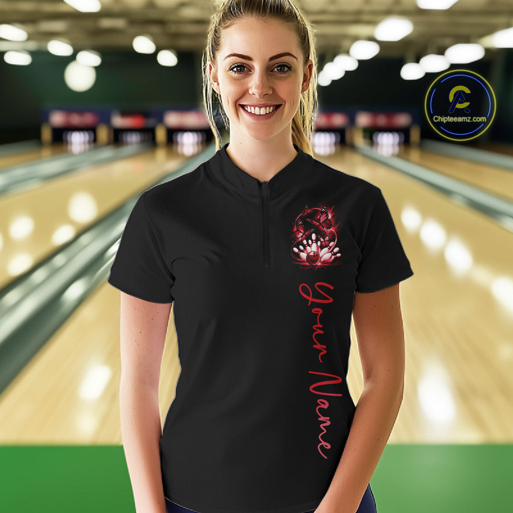 Custom Red Butterfly Bowling Quarter-Zip Shirts With Team Name, Bowling Uniform