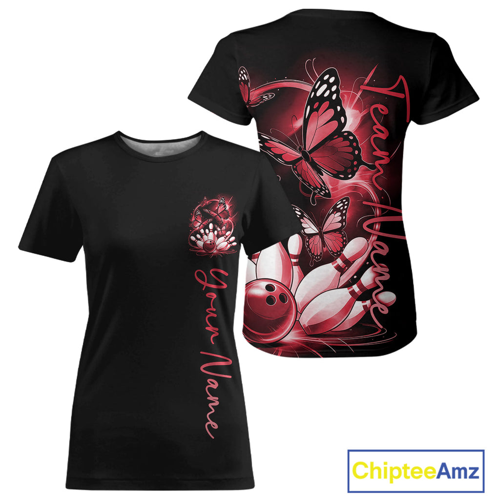 Custom Red Butterfly Bowling T-Shirts With Team Name, Bowling Uniform