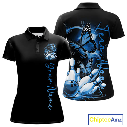 Custom Purple Butterfly Bowling Polo Shirts With Team Name, Bowling Uniform