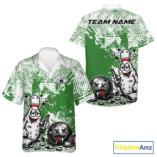 Green Custom Funny Drunk Bowling Ball And Pin Bowling Beer And Hawaiian Shirt, Bowler Jersey