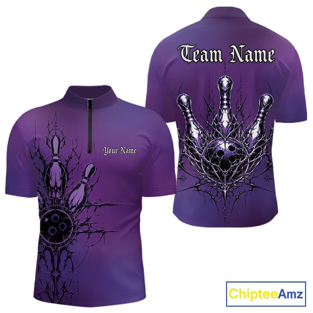 Custom Purple Y2K Gothic Cross Bowling Quarter-Zip Shirt, Faith Bowling Jerseys