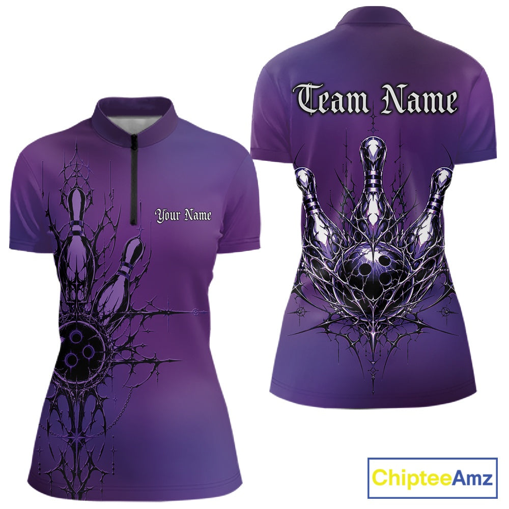 Custom Purple Y2K Gothic Cross Bowling Quarter-Zip Shirt, Faith Bowling Jerseys